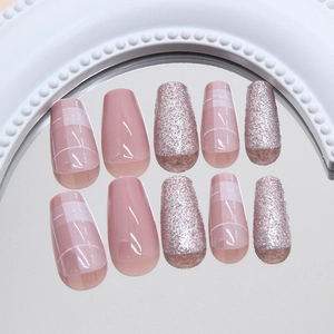 Faux ongles rose à carreaux avec paillettes argentées et fini brillant, lot de 24