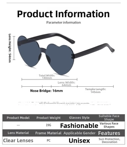 Detailed size specifications and PC material attributes of heart-shaped rimless sunglasses