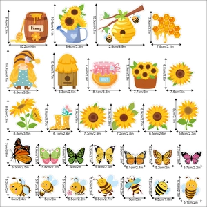 Detailed size chart for spring window decals featuring bees and sunflower motifs