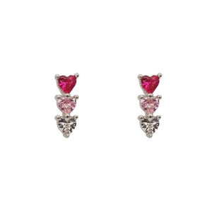 Three-color heart-shaped cubic zirconia stud earrings in polished silver titanium steel