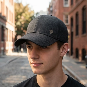 Men's dark grey denim baseball cap in a classic six-panel design for outdoor leisure