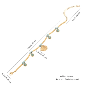 Detail view of gold stainless steel bracelet with turquoise beads and fish charm dimensions