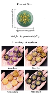 Detailed view of 25mm natural crystal stones with golden Metatron's Cube engraving