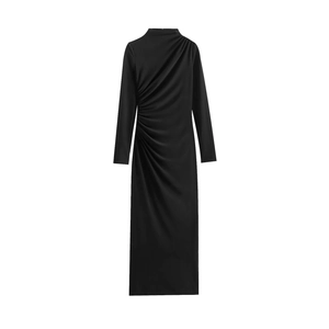Elegant black long sleeve midi dress with side ruching and mock neck on white background