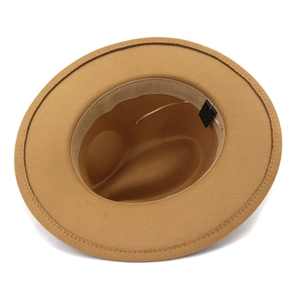 Detail view of camel wool fedora hat interior with adjustable strap and sweatband
