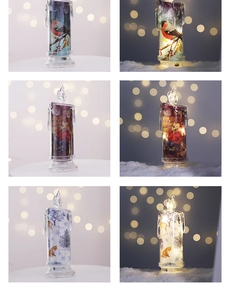 Close-up of LED Christmas candles with printed birds and bears in a warm festive setting