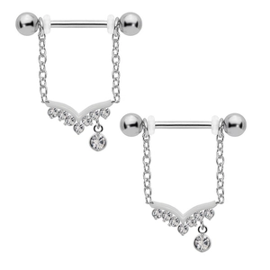 Nippelpiercings aus Edelstahl in Silber mit V-förmigen Kristallanhängern und Barbell