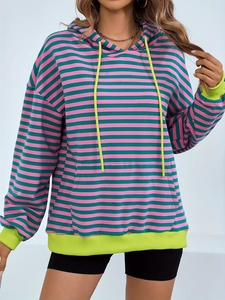 Sudadera con capucha a rayas rosas y verdes para mujer con puños amarillo neón