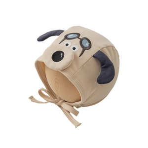 Cuffietta beige in cotone per neonati con orecchie da cane, ricamo occhiali e laccetti