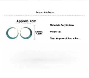 Detailed view of C-shaped green acrylic hoop earrings with precise size and weight info