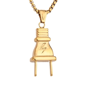 Hip-hop gold lightning bolt plug pendant in stainless steel with a minimalist white background