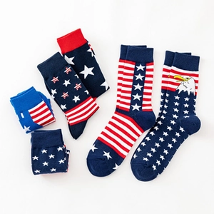 Cotton crew socks with American flag patterns including stars, stripes and bald eagles