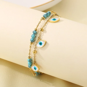 Double-layered gold titanium steel anklet with blue natural stone evil eye charms