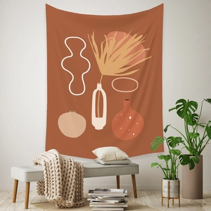 Bohemian tapestry with abstract palm leaves and vase on a minimalist white wall
