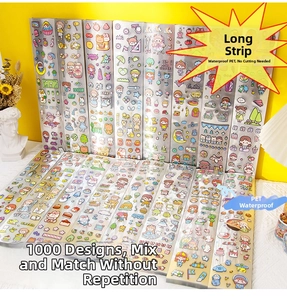 Close-up of waterproof PET cartoon stickers featuring 1000 unique pre-cut patterns