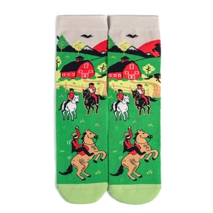 Detail of crew socks featuring a colorful cowboy ranch scene with horses and barns