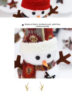 Detail of Christmas snowman plush with red knitted hat and ethnic pattern scarf decor