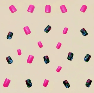 Short square press-on nails with pink polish and floral patterns on black background