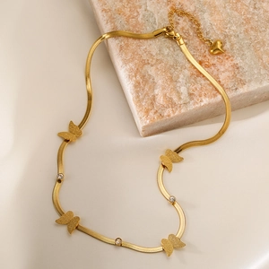 Gold plated butterfly necklace with white zircon on snake chain with heart charm