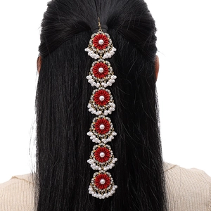 Bohemian gold hair chain with red floral accents and white pearl tassels for women