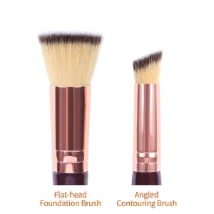 Dual-ended foundation brush set with flat and angled heads in purple and rose gold