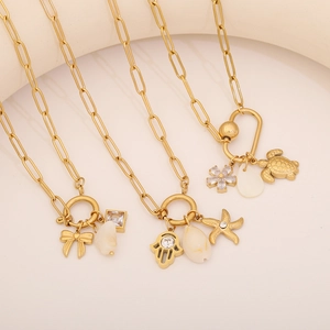 Stainless Steel Pendant Necklace Gold Plated Paperclip Chain Sea Turtle Starfish Shell Zircon Jewelry For Women