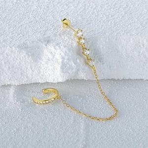 Macro view of gold S925 sterling silver chain earrings with white zircon accents