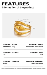 Detail view of gold geometric wave ring with dimensions 1.7cm diameter and 1.6cm height