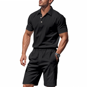 Men's summer black cotton linen short sleeve polo shirt and drawstring shorts two-piece set