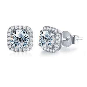 Luxury S925 silver moissanite stud earrings featuring square halo with round cut stones