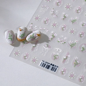 Floral nail art sticker set TS-3944 with white jasmine flowers and lilac grid patterns