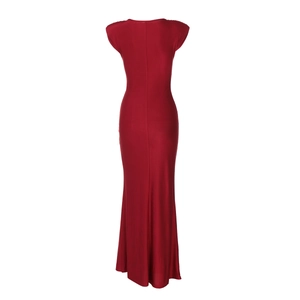 Detail view of red sleeveless fishtail dress showing back seam and slim fit texture