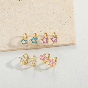 Star-shaped gold earrings with colorful enamel and zircon stones in multi-color set