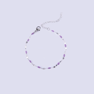 Close-up of stainless steel chain with lavender enamel beads and adjustable lobster clasp