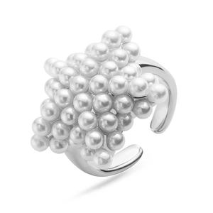 Detailed side view of adjustable silver ring with multi-layered white pearl clusters