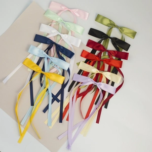 Set of colorful satin bow hair clips with long ribbons for women in 13 various colors