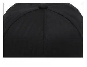 Detailed close-up of the black cotton baseball cap crown with reinforced stitching