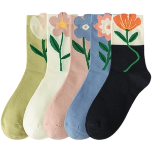 Five-pack of cotton mid-calf socks with tulip floral patterns in multiple colors