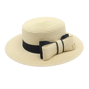 French vintage flat top straw sun hat with black ribbon bow and metal M letter