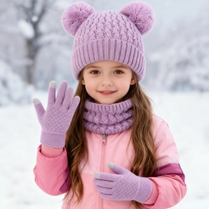 Close-up of lilac winter knit hat, scarf and touchscreen gloves set for children