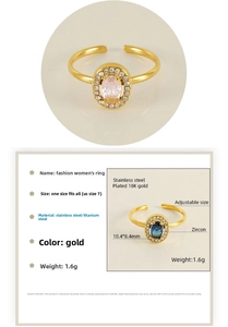 Detail of 18K gold plated stainless steel ring with oval zircon and adjustable band