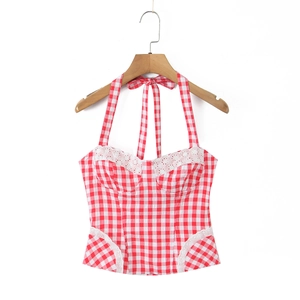 Top Halter Donna Poliestere Pizzo Quadretti Cuore Motivo Slim Fit Corto Cerniera Posteriore Stile Dolce Francese