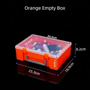 Dettaglio scatola portaoggetti in plastica PP arancione con maniglia e misure 25,3x18,9x8,2cm