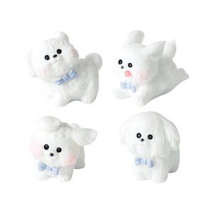 Set of 4 cute miniature running white dog resin figurines with blue bows for micro landscapes