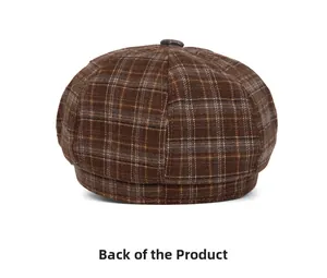 Back view of classic brown plaid newsboy cap with wool blend texture and decorative button
