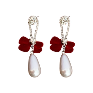 French vintage silver needle earrings with red velvet bow and white dangling pearl
