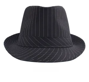 Front view of black British style fedora hat with elegant vertical stripe texture