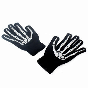 Knitted full finger gloves with white skeleton bone print for Halloween costumes