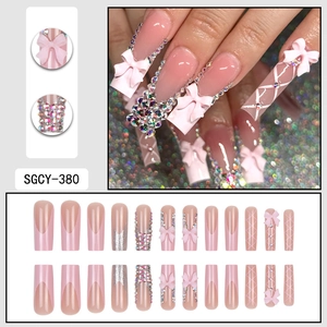 Pink French long press-on nails set with 3D bows and rhinestones decoration