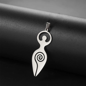 Silver stainless steel goddess charm with spiral symbol on black cylinder display